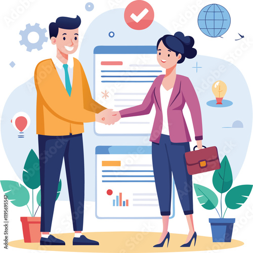 People shaking hands at work - Two businesspeople, man and woman doing handshake in office at work while smiling over business agreement and deal. Flat design stock illustration on white background