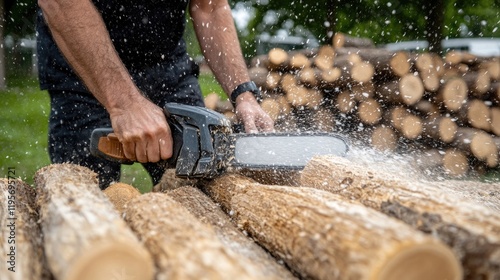 Electric chainsaw cuts wood for firewood, with water splashes visible and tree trunks stacked in the background during daylight hours photo