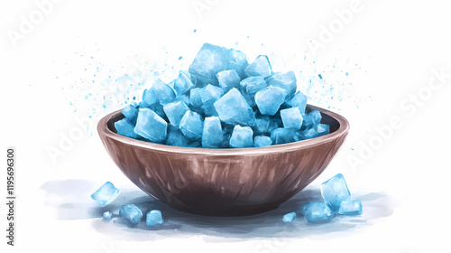 Blue salt crystals in bowl, bath salt for spa relax, cupric sulfate or copper sulfate, swimming pool. crystalpath. illustration. Crystalpath. Illustration photo