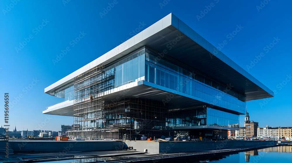 Modern building under construction with scaffolding and clear blue sky Modern building under construction with scaffolding and clear blue sky