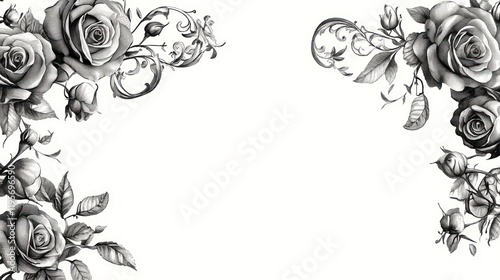 Monochrome roses frame, elegant design, white background, invitation template