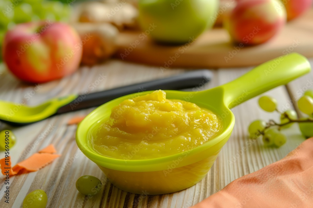 Green bowl is filled with homemade baby food and sitting on a table next to fruit Green bowl is filled with homemade baby food and sitting on a table next to fruit