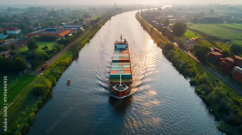Fototapeta premium Large cargo ship navigating through a canal with lush green landscapes and industrial areas on either side, highlighting the intersection of nature and commerce.