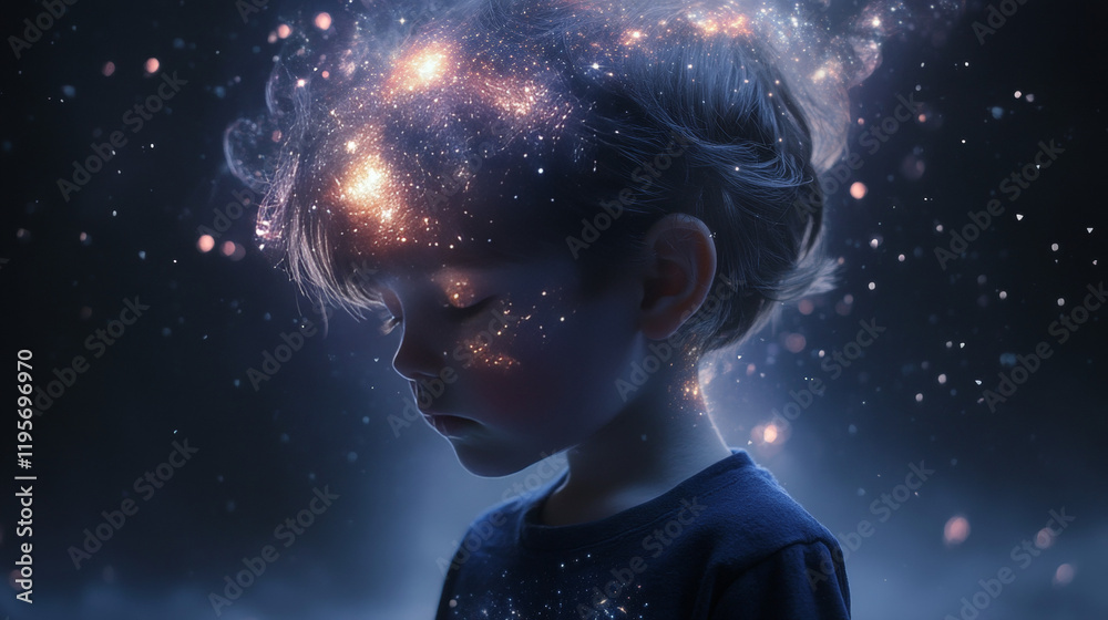 Design a glowing, curious child embodying a fallen star, with stardust-like skin, glowing eyes, nebulae hair with twinkling constellations, and shimmering dark velvet clothing resembling the night sky Design a glowing, curious child embodying a fallen star, with stardust-like skin, glowing eyes, nebulae hair with twinkling constellations, and shimmering dark velvet clothing resembling the night sky