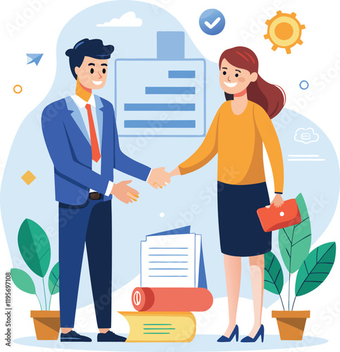 People shaking hands at work - Two businesspeople, man and woman doing handshake in office at work while smiling over business agreement and deal. Flat design stock illustration on white background