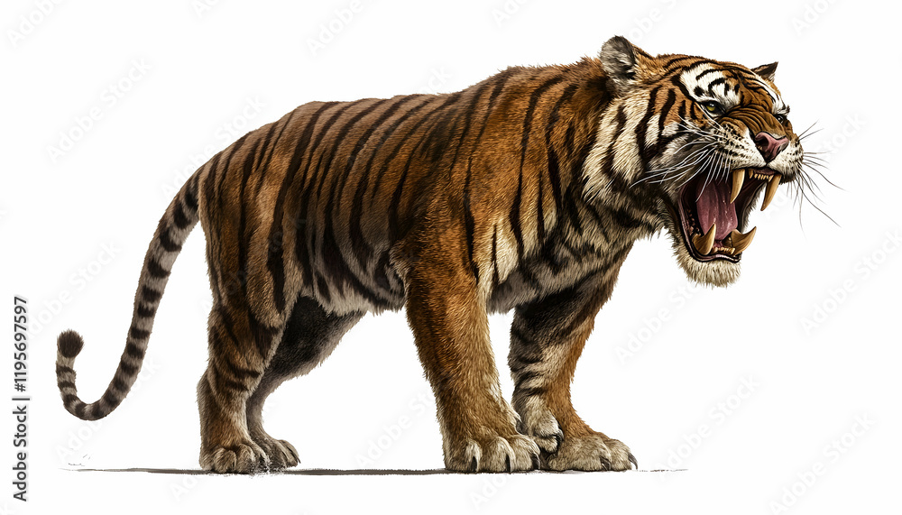 Obraz premium A saber-toothed tiger depicted in full growth against a white background, showcasing its distinctive long fangs, muscular build, and striking striped fur pattern. The tiger's fierce expression