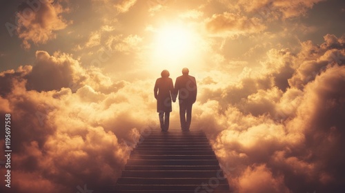 Old couple walking up the stairs among clouds in the sky to the shining light symbolizing heaven or Christian paradise. Life end and time passing concept photo