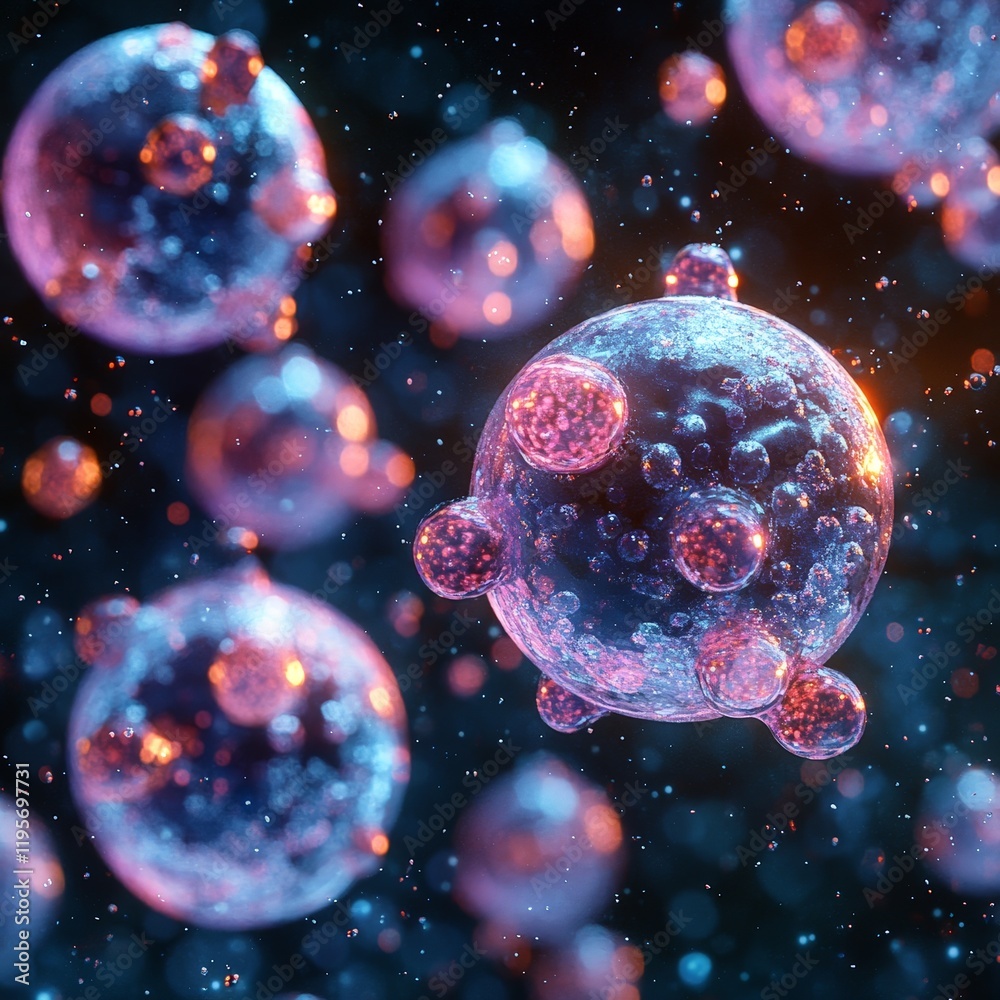 Naklejka premium A high-quality 3D rendering of stem cells with glowing light effects, perfect for scientific and educational visuals in cellular biology.