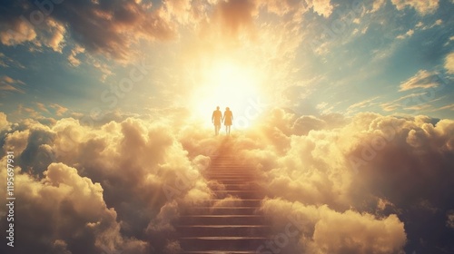 Old couple walking up the stairs among clouds in the sky to the shining light symbolizing heaven or Christian paradise. Life end and time passing concept