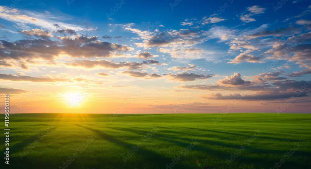 Serene Sunset Over Lush Green Field, Vibrant Sky Landscape Serene Sunset Over Lush Green Field, Vibrant Sky Landscape