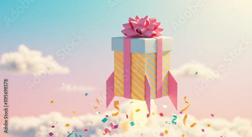 Gift Rocket Launch: Pastel Present Soaring Through a Cloudy Sky