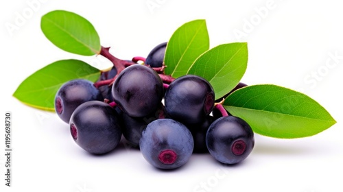 Juneberry, Sugarplum, or Saskatoon Berry Isolated on White. Ripe Berries on Twig with Leaves. Delicious Food for Summer photo