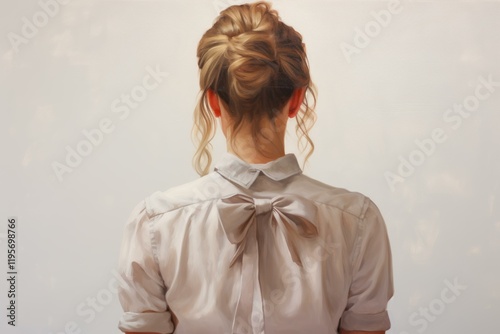 Back view of a woman with a sophisticated updo hairstyle, wearing a shirt with a bow tied at the back