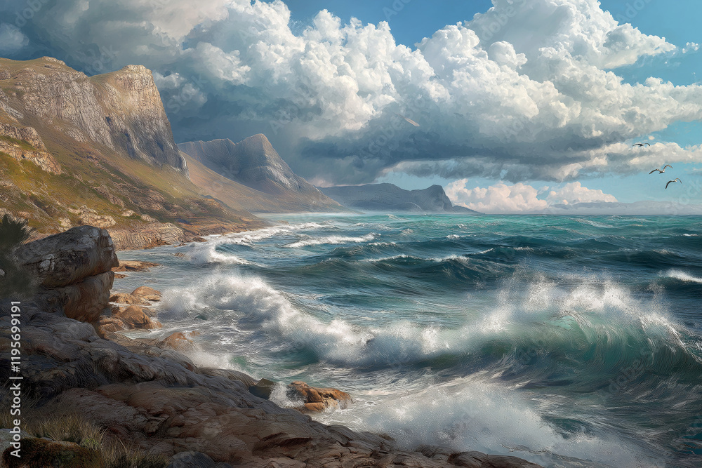 A dramatic coastal view of the Cape of Good Hope, with crashing waves and a rugged, rocky shoreline. A dramatic coastal view of the Cape of Good Hope, with crashing waves and a rugged, rocky shoreline.