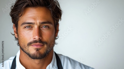 Close-up portrait of a handsome man with a beard and striking eyes, set against a neutral background