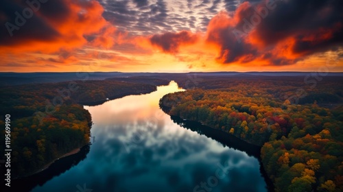 Lithia Springs Sunset: Awe-Inspiring Aerial View of Lush Greenery, Calm Waters, and Glorious Clouds at Sweetwater Creek State Park photo