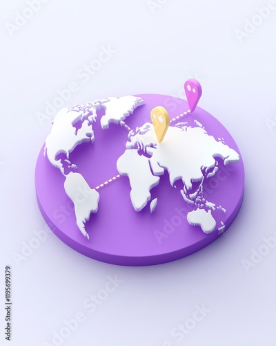 A stylized globe with a purple base, featuring white continents and colorful location pins, representing global connectivity and navigation.