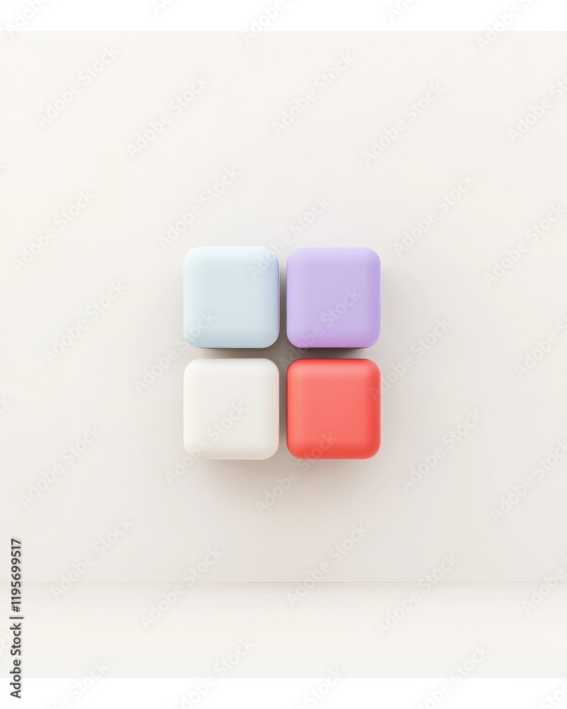 Four colorful, square blocks arranged in a grid against a plain background, showcasing a minimalist design with pastel hues. Four colorful, square blocks arranged in a grid against a plain background, showcasing a minimalist design with pastel hues.