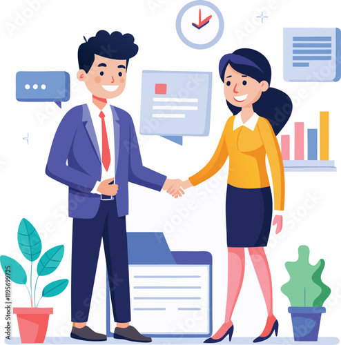 People shaking hands at work - Two businesspeople, man and woman doing handshake in office at work while smiling over business agreement and deal. Flat design stock illustration on white background