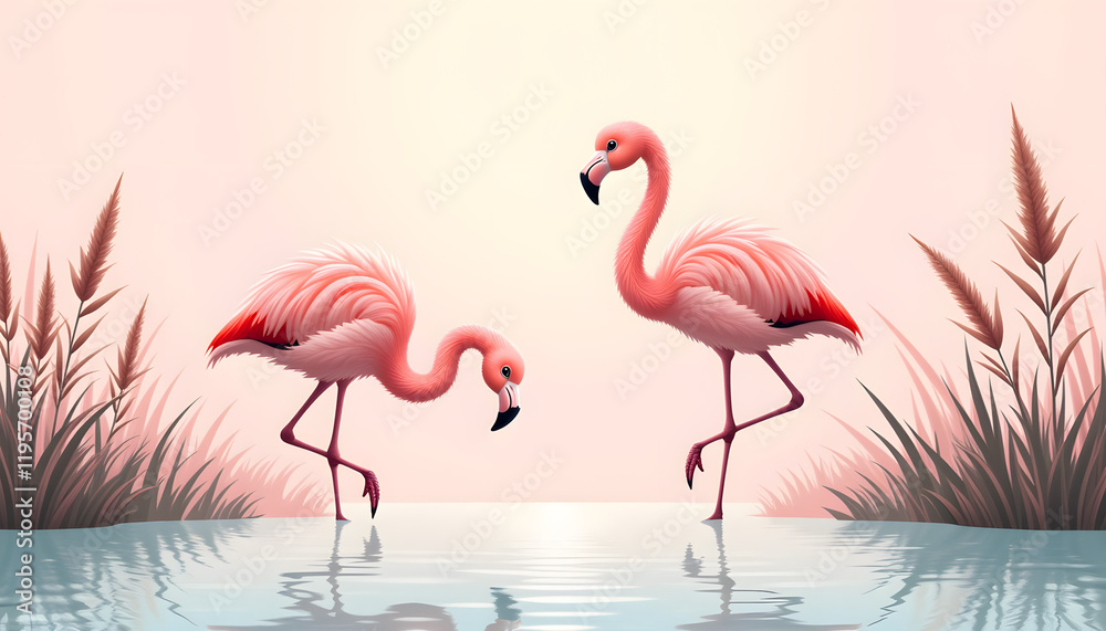 Fototapeta premium Flamingos standing by tranquil water in soft pastel background