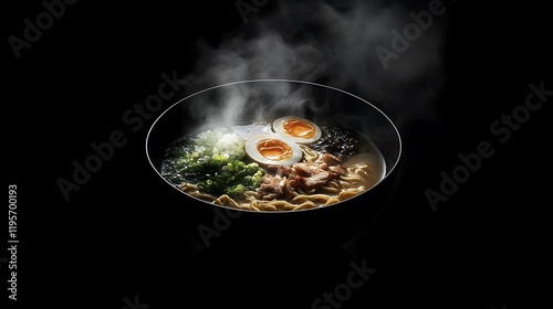 A steaming bowl of ramen placed on a black background with light emphasizing the rich colors and textures of the ingredients