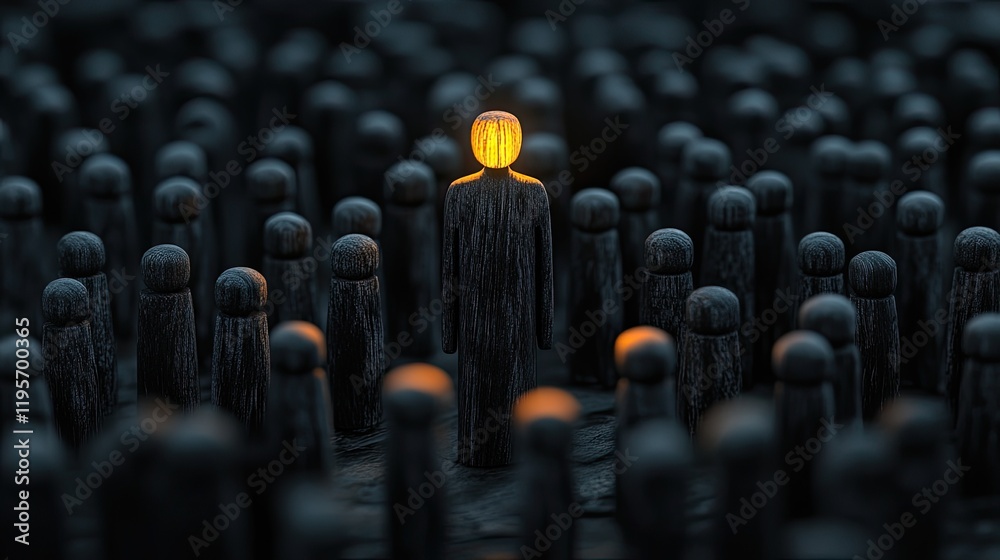 Fototapeta premium Glowing wooden figure stands out in dark crowd: concept of uniqueness