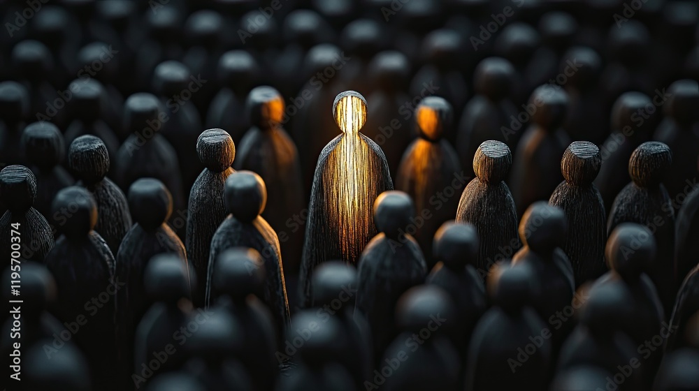 Fototapeta premium Glowing wooden figure stands out in dark crowd: concept of uniqueness