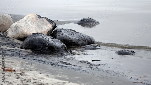 Blackened rocks and muddy shoreline at tranquil waters edge photo