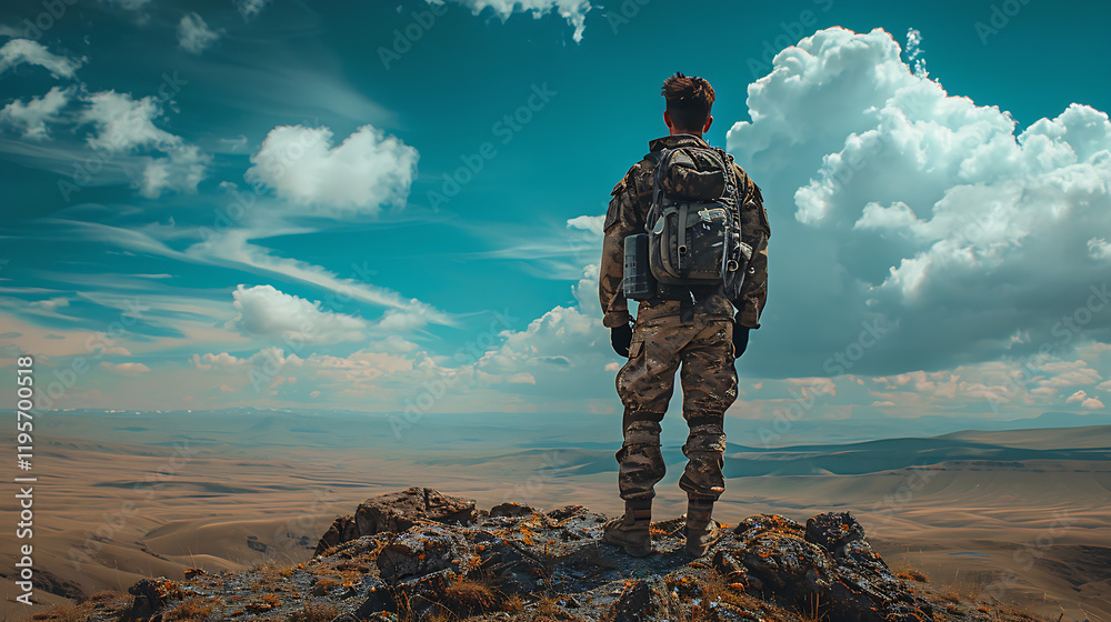 A person in military camouflage gear stands on a rocky outcrop, overlooking a vast, barren landscape under a partly cloudy sky. A person in military camouflage gear stands on a rocky outcrop, overlooking a vast, barren landscape under a partly cloudy sky.