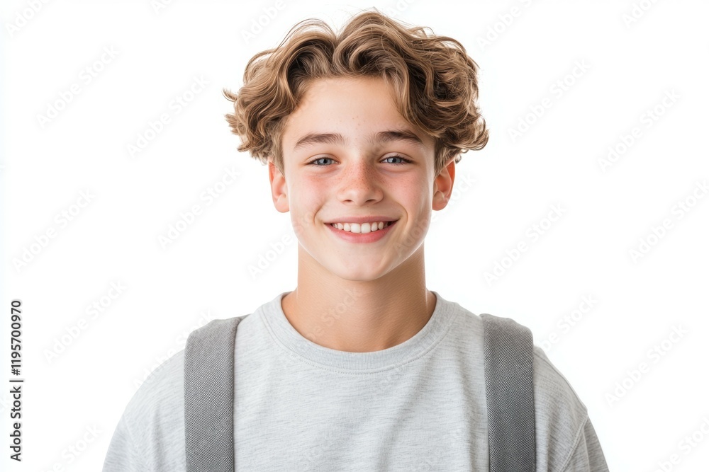 Young man with a smile on his face is wearing a gray shirt and a backpack Young man with a smile on his face is wearing a gray shirt and a backpack