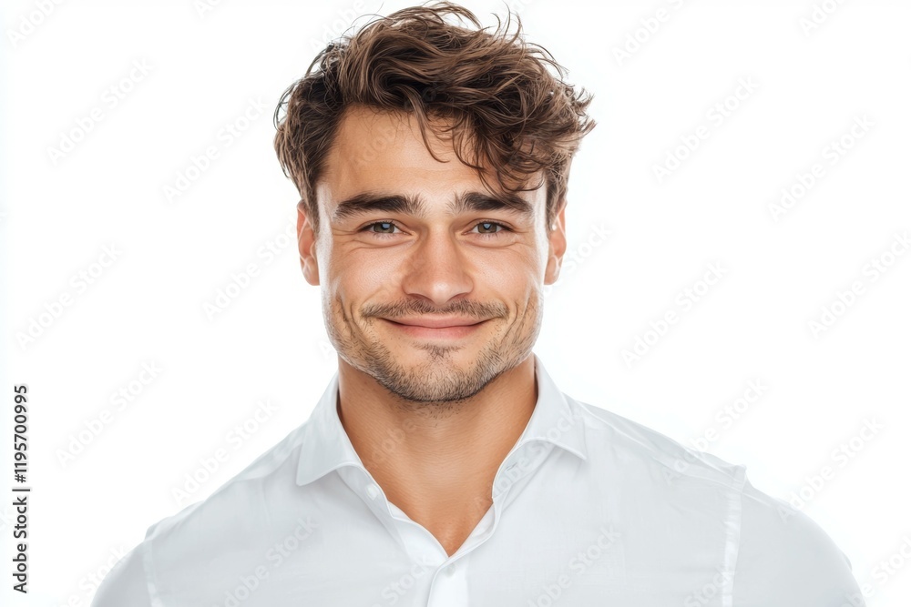 Man with a smile on his face is wearing a white shirt Man with a smile on his face is wearing a white shirt