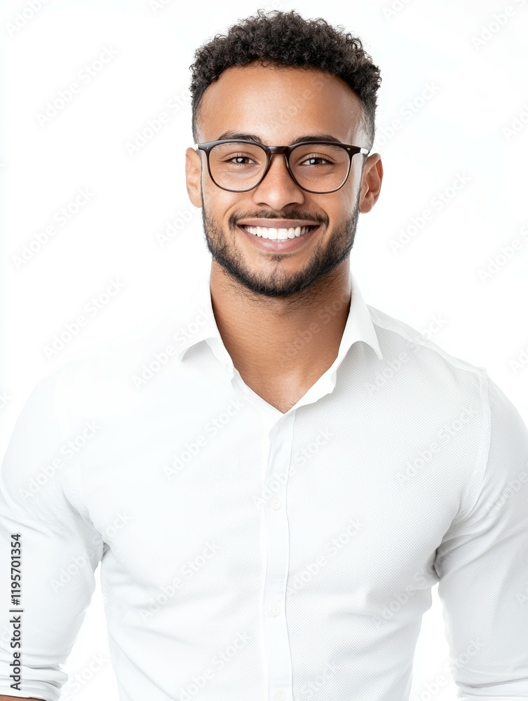 Man with glasses is smiling and wearing a white shirt Man with glasses is smiling and wearing a white shirt
