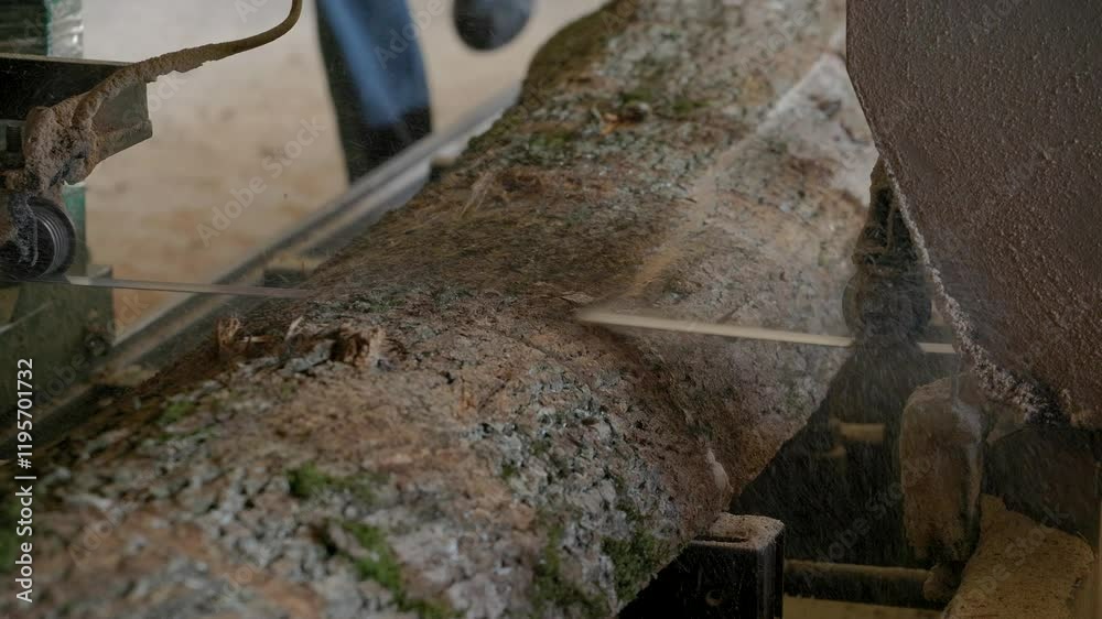 At the sawmill, a saw cuts brown wood. Tree bark and old rusty saw. Close-up. Work at the sawmill. Dust flies from wood and wood chips. At the sawmill, a saw cuts brown wood. Tree bark and old rusty saw. Close-up. Work at the sawmill. Dust flies from wood and wood chips.