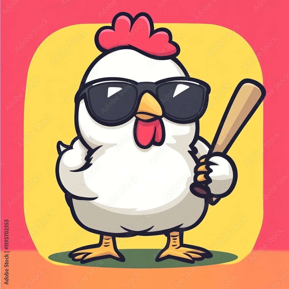 Naklejka premium Chicken with sunglasses holds bat, graphic on yellow background, suitable for a children's book