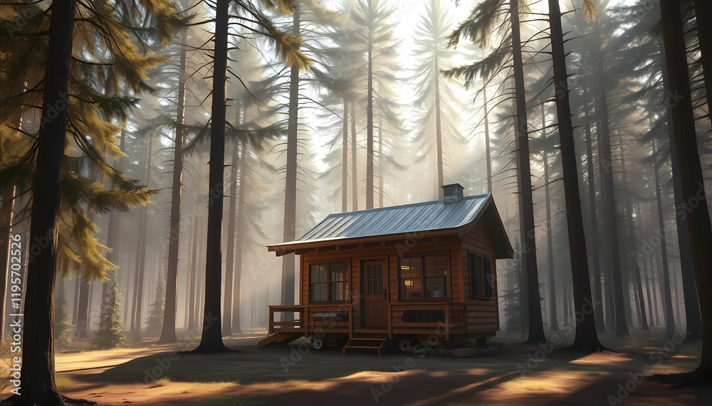 Fototapeta premium Charming wooden cabin nestled among tall trees in a serene forest