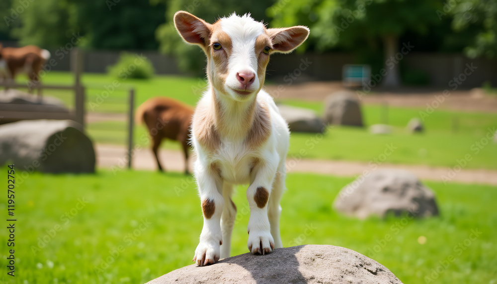 Fototapeta premium Goat standing on rock in sunny green field