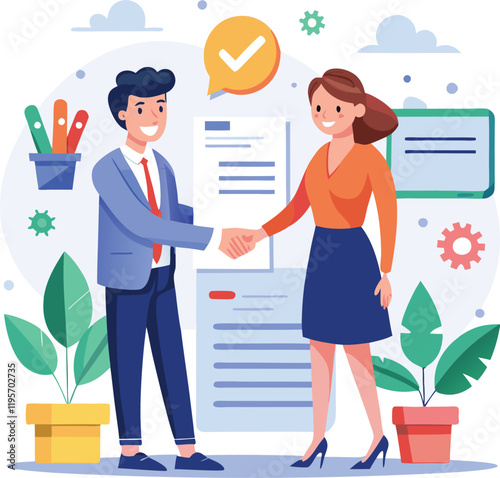 People shaking hands at work - Two businesspeople, man and woman doing handshake in office at work while smiling over business agreement and deal. Flat design stock illustration on white background