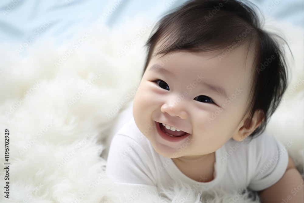 Sweet Asian Baby Girl Relaxing on Carpet with Happy Smile Sweet Asian Baby Girl Relaxing on Carpet with Happy Smile