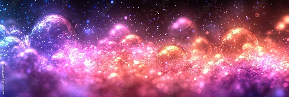Obraz premium Glowing Bubbles Floating in a Cosmic Pink and Purple Galaxy