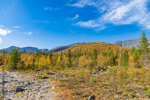 Obraz na płótnie Scenic view of Khibiny mountains. Autumn colored landscape of arctic tundra Murmans region. Kola Peninsula, Russia. w salonie