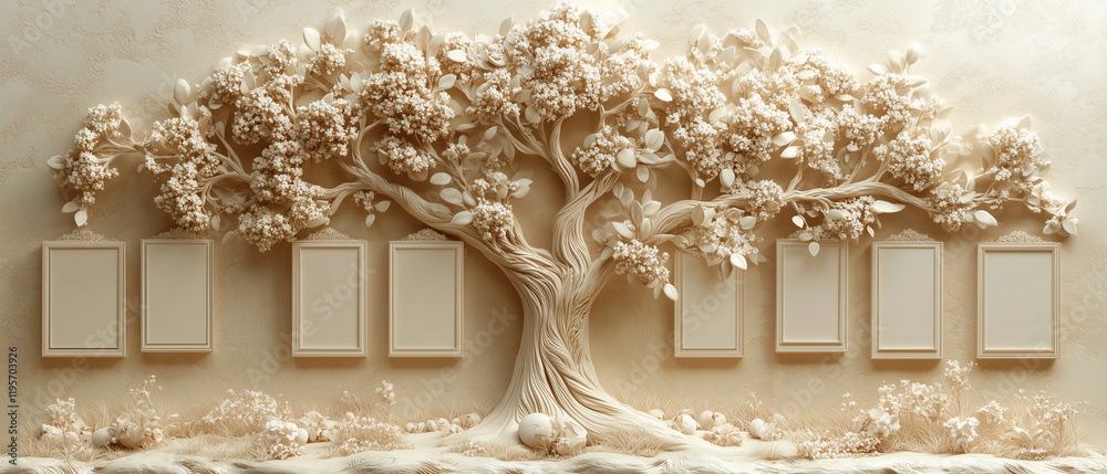Obraz premium 3d beige genealogical family tree template with blank empty cells on ivory background, personal history, ancestry, heritage. Frame
