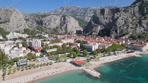 Aerial view of Omis town and Cetina river, Dalmatian Coast, Croatia. 2x speeded up from 30 fps.