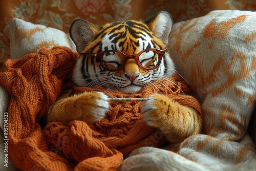Adorable tigress knitting on sofa wearing glasses and orange sweater