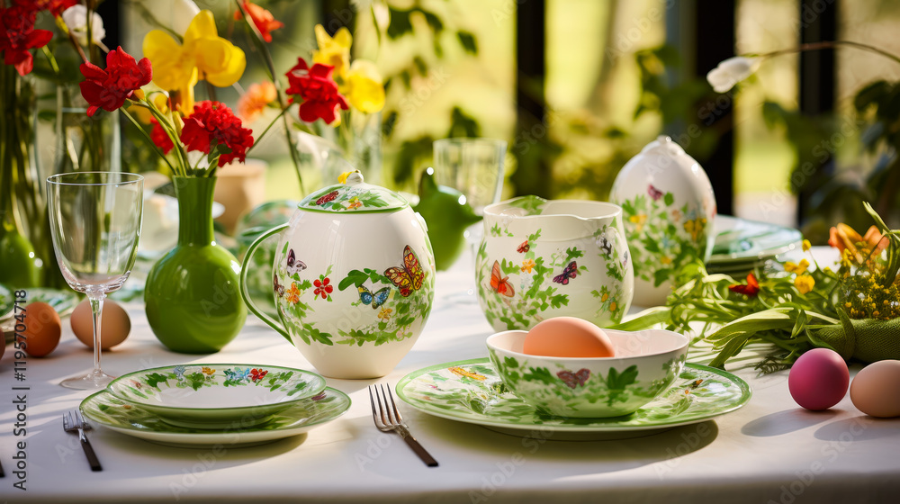 Elegant table setting with floral-themed dinnerware and vibrant spring flowers in a bright garden location Elegant table setting with floral-themed dinnerware and vibrant spring flowers in a bright garden location