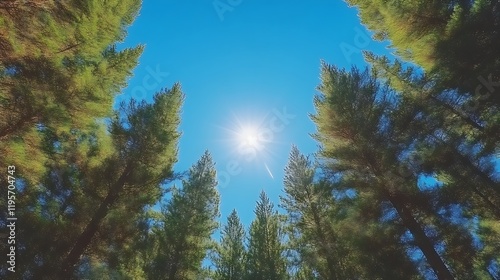 Sunlit Canopy: Vibrant Green Pines Under a Bright Sky