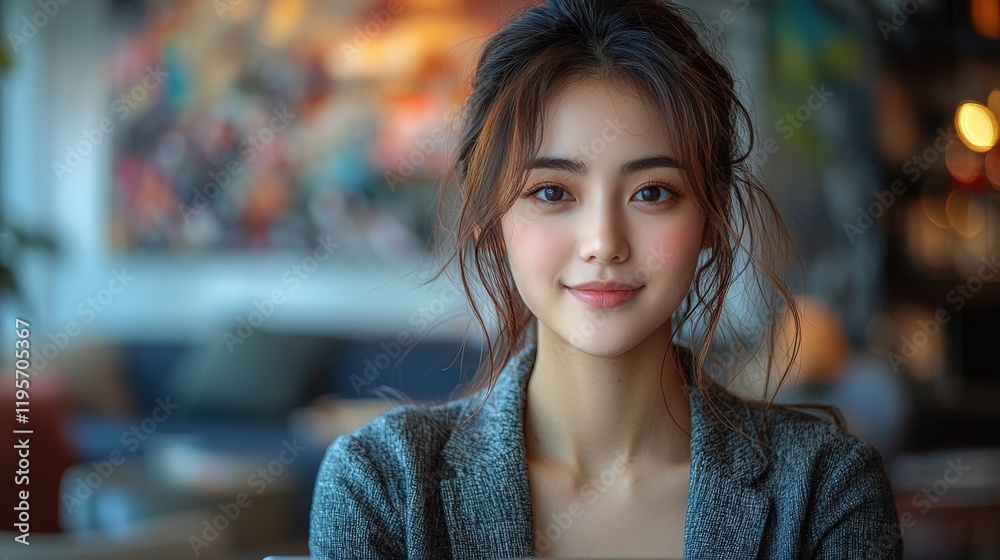 Obraz premium A Serene and Captivating Portrait of a Young Woman with a Gentle Smile, Softly Lit in an Indoor Setting, Wearing a Textured Gray Blazer