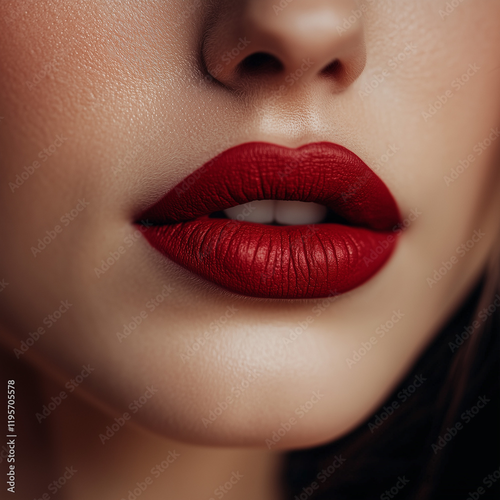 A close-up of plump, full lips with burgundy lipstick on them A close-up of plump, full lips with burgundy lipstick on them