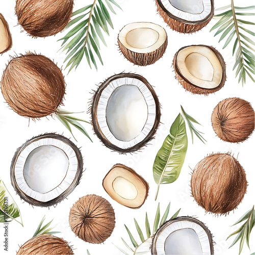 Watercolor Tropical Coconuts Seamless Pattern Brown White Palm Leaves Background Design Food Dark   