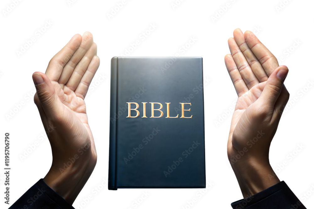 Hand praying over Bible book, prayer, culture and religion, transparent background