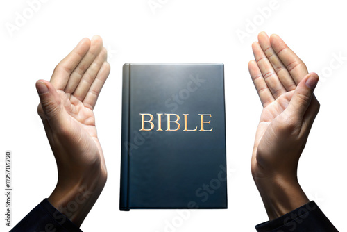 Obraz na płótnie Hand praying over Bible book, prayer, culture and religion, transparent background w salonie